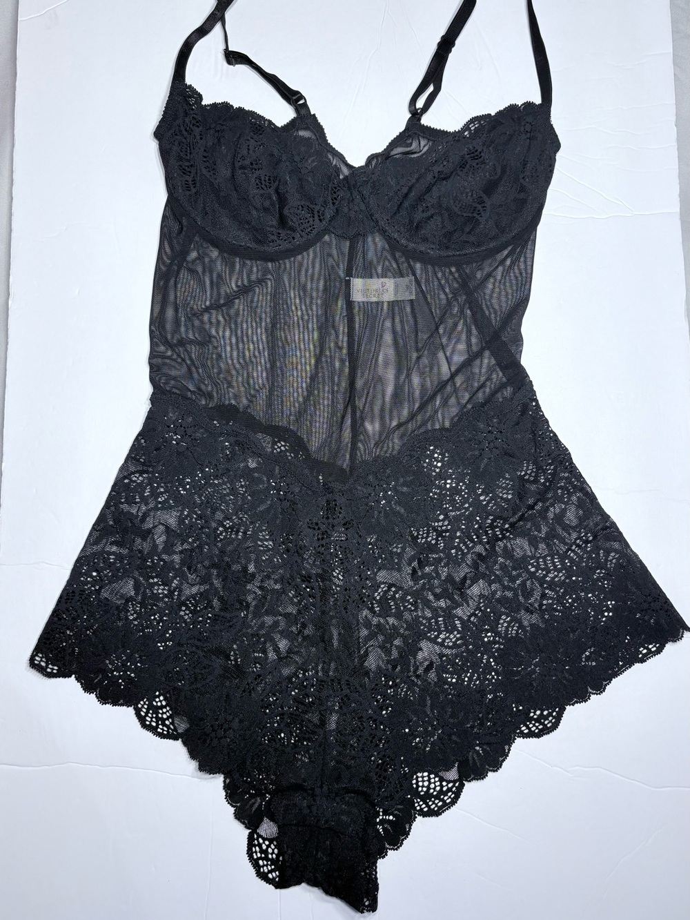 Vintage Victoria's Secret Black Lace Sheer Teddy Bodysuit.